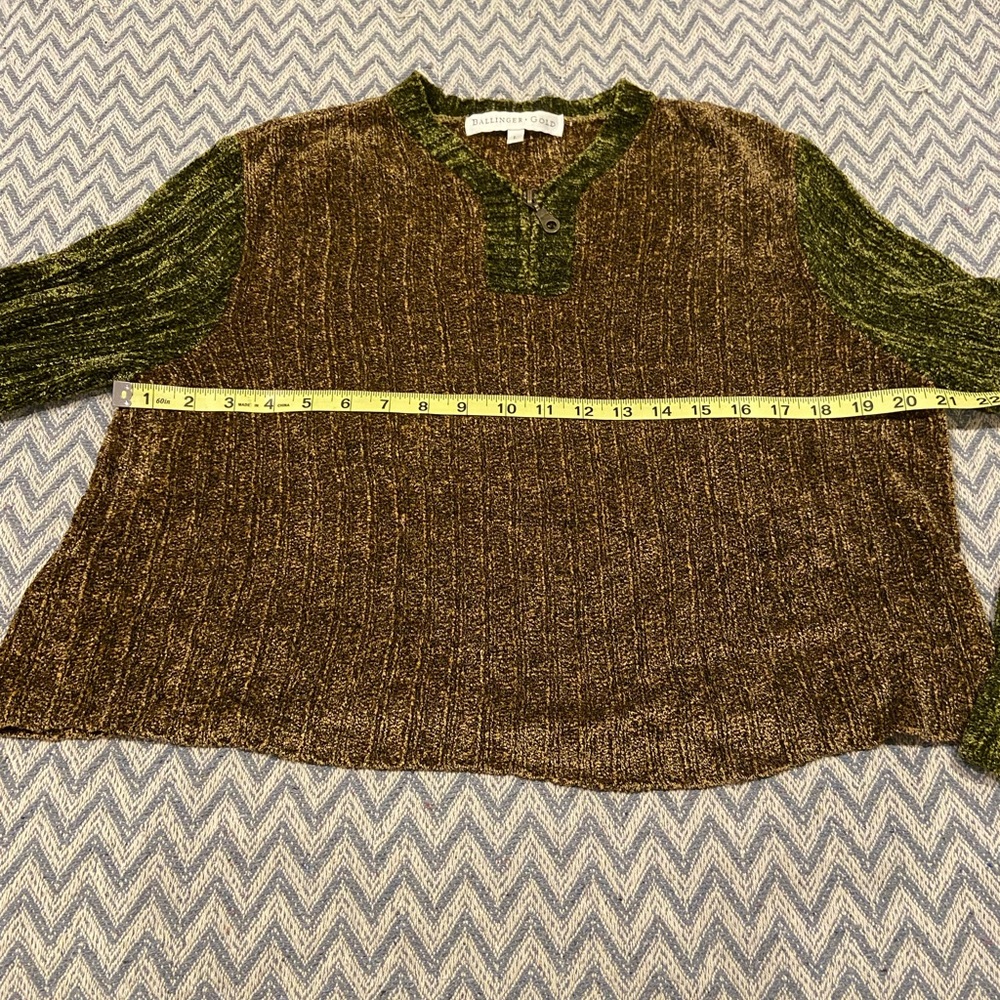 Ballinger • Gold Chenille Ribbed Henley Sweater – Green & Brown – Size L - Picture 6 of 8